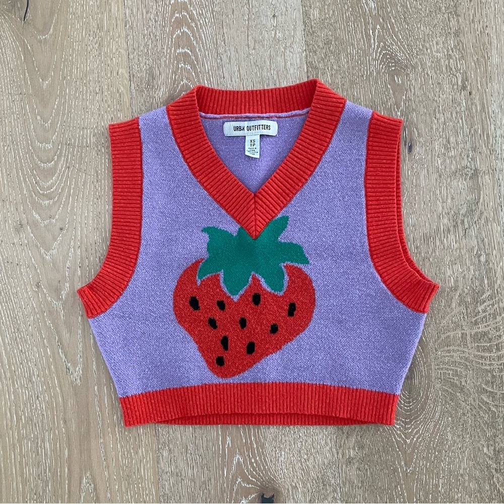 Urban Outfitters Purple Knit Vest with Strawberry Motiff and Red Trim